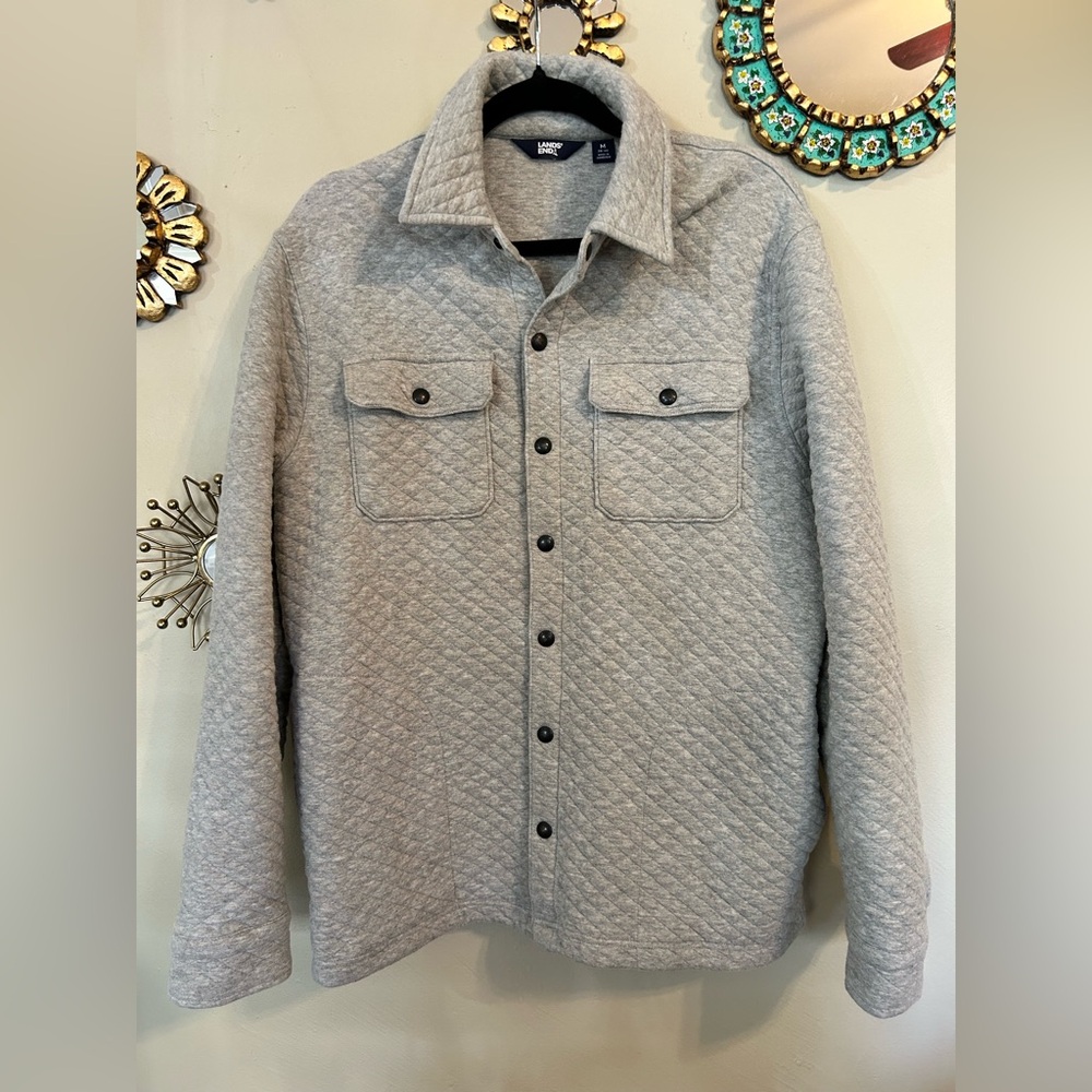 Lands End Men's Quilted Gray Shirt Jacket Soft Cotton Snap Button Medium